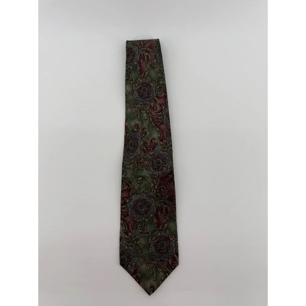 Graham & Lockwood London Mens Silk Tie Green Burgundy Paisley Floral Vintage UK